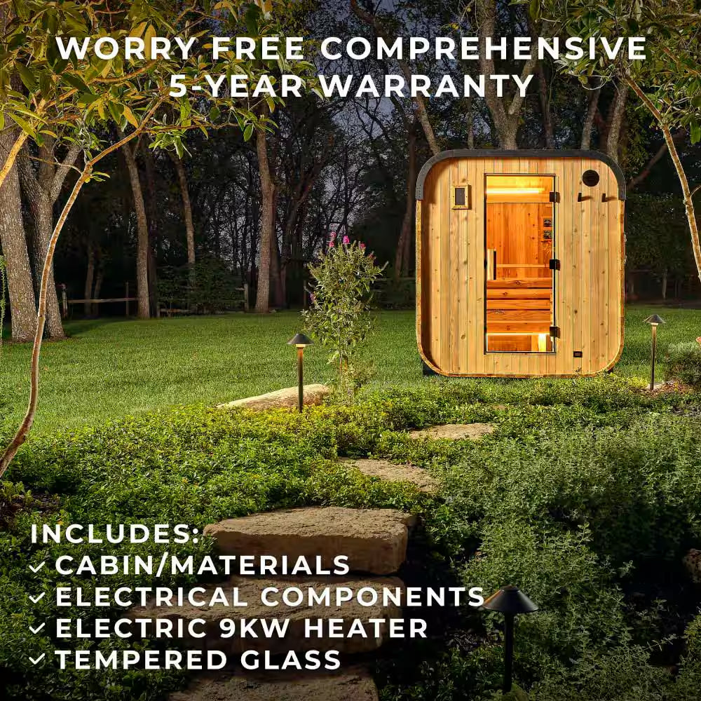 Lennon 6-Person Outdoor Cedar Traditional Wet/Dry Cube Sauna with 9Kw Electric Heater, Wi-Fi Control, LED Lights